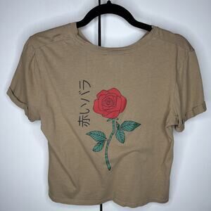 EMPYRE Womens Brown Crop Top Rose Graphic Tee Medium Big Rose ON BACK